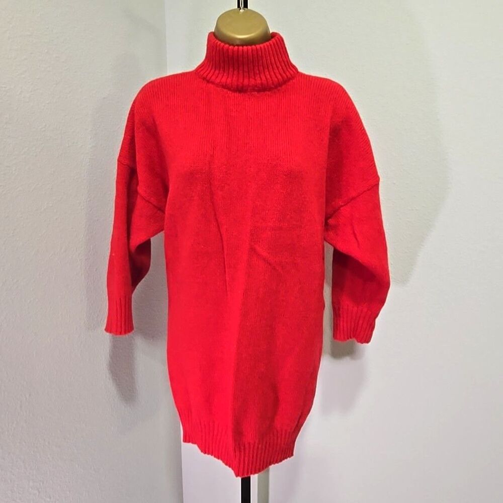 70s Red Shetland Wool Mock Neck Sweater Womens OS XL 3/4 Sleeve Holiday Cozy Ski